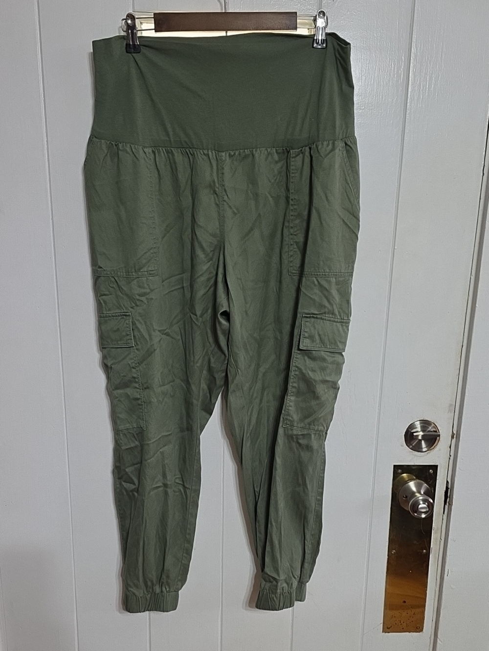 Isabel MATERNITY Jogger Pants Pull-On Cargo Pockets Stretch Panel Khaki Green XL